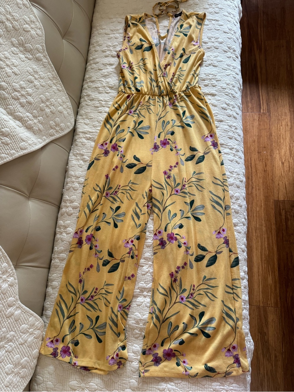 Yellow Floral Sleeveless Wide-Leg Jumpsuit